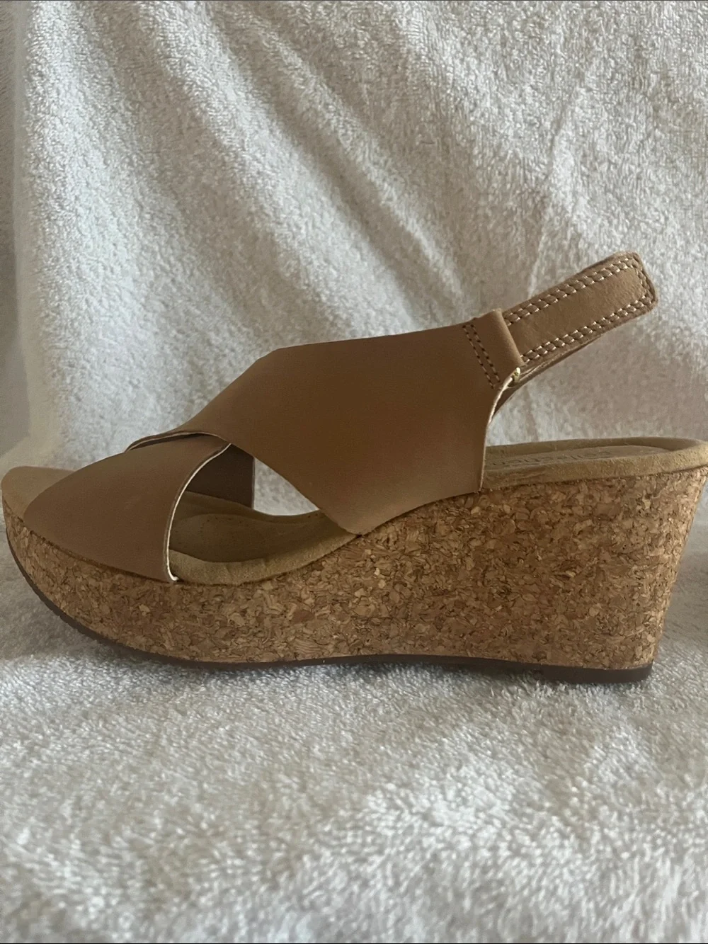 Clarks Beige Crisscross Wedge Sandals